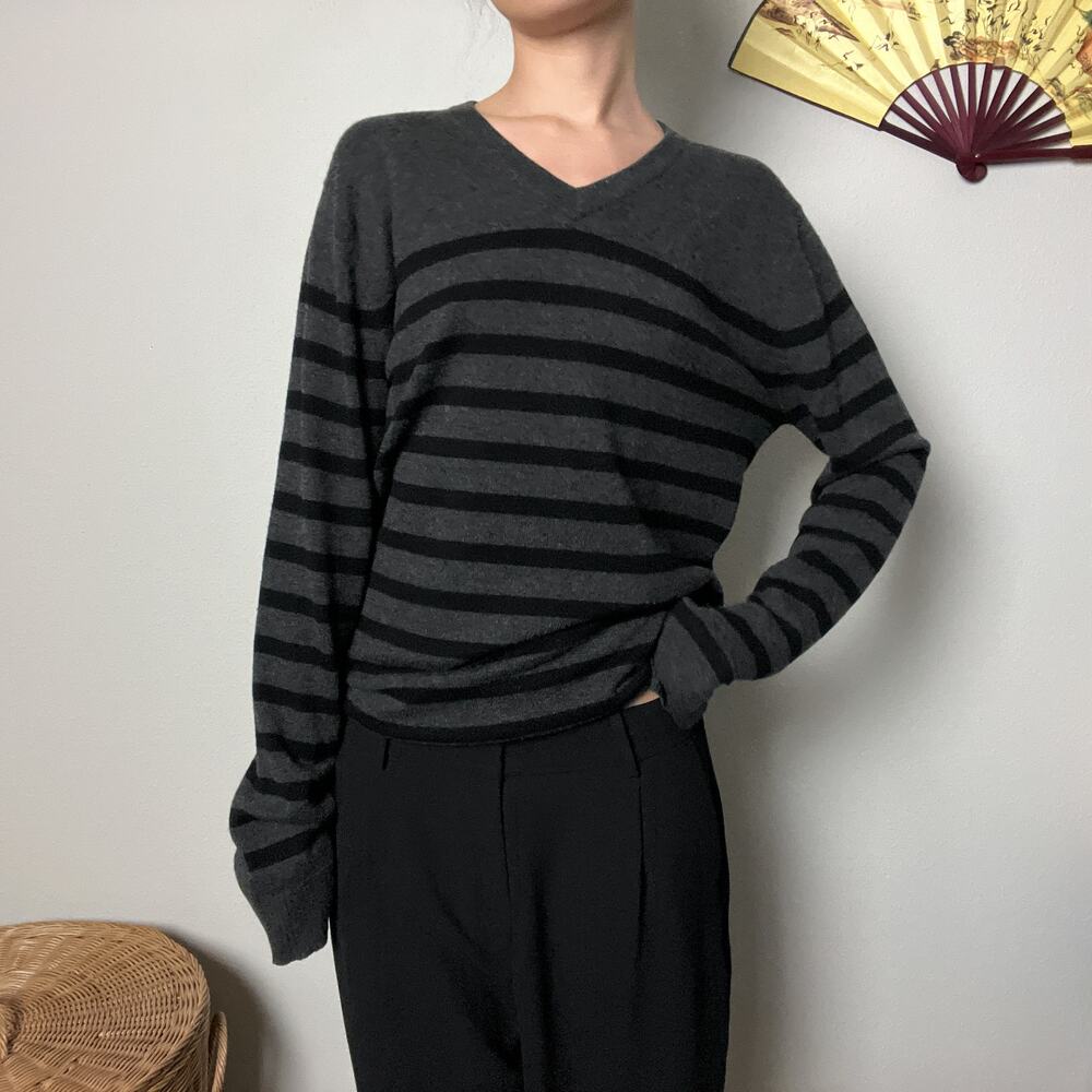 y2k gray striped merino wool cashmere v neck oversized boyfriend sweater
